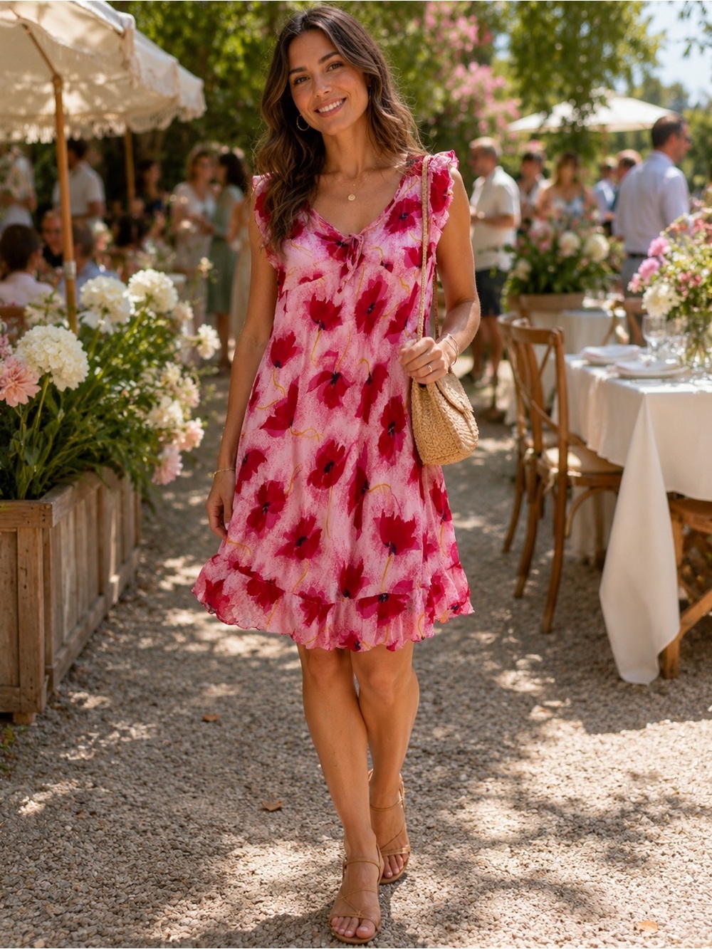 NEWPORT NEWS Pink Red Floral V-Neck Ruffle Rayon Gauze Midi Dress Sz 10 Feminine